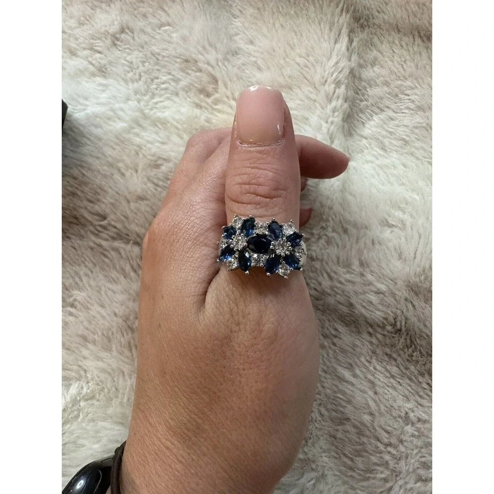 Beautiful Blue Stone & CZ Stone Jeweled Band Sterling Silver Sz 9